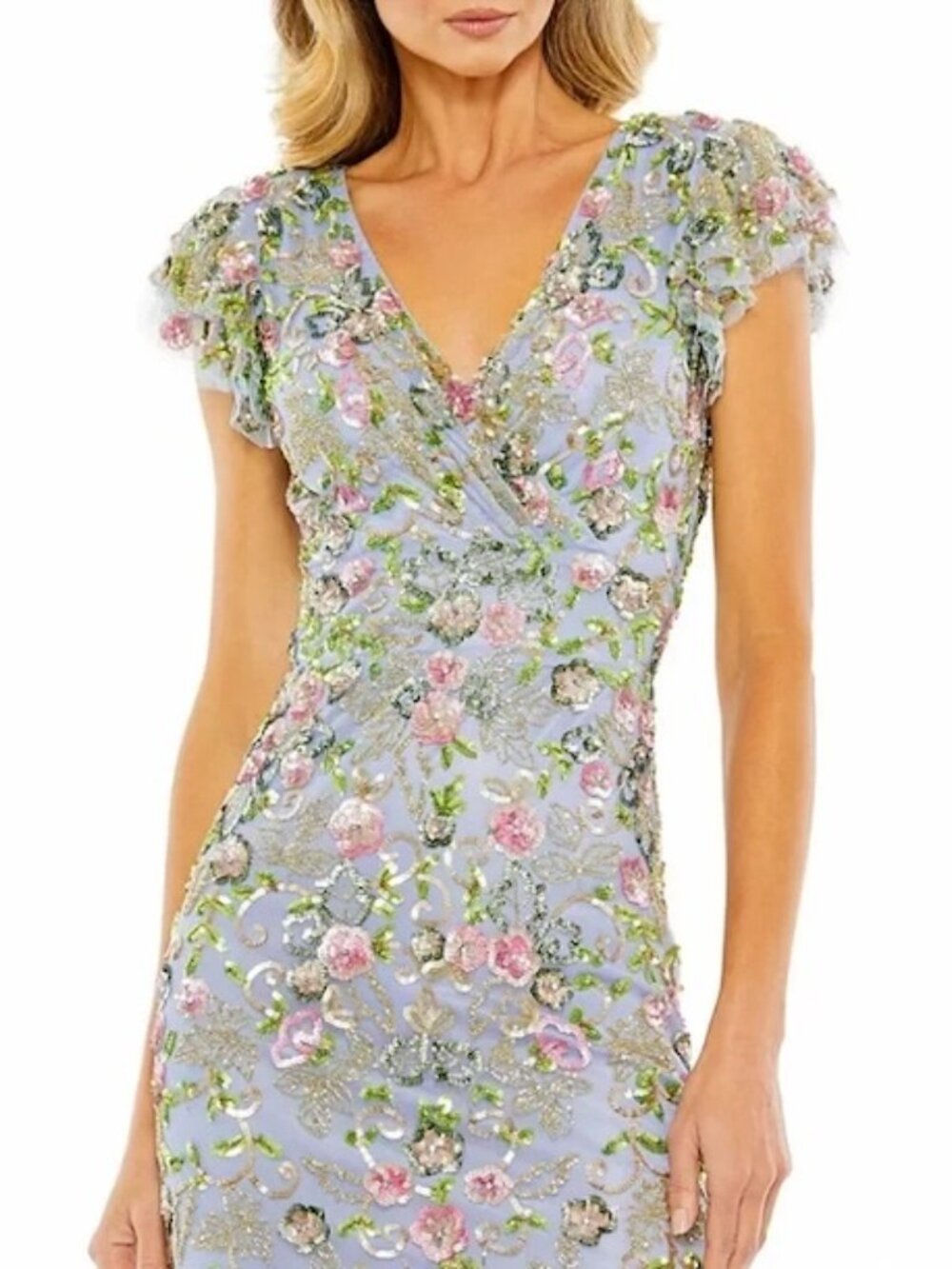 Mac Duggal Slate Blue Floral Embellished Flutter Cap Sleeve Dress - Picture 2 of 4